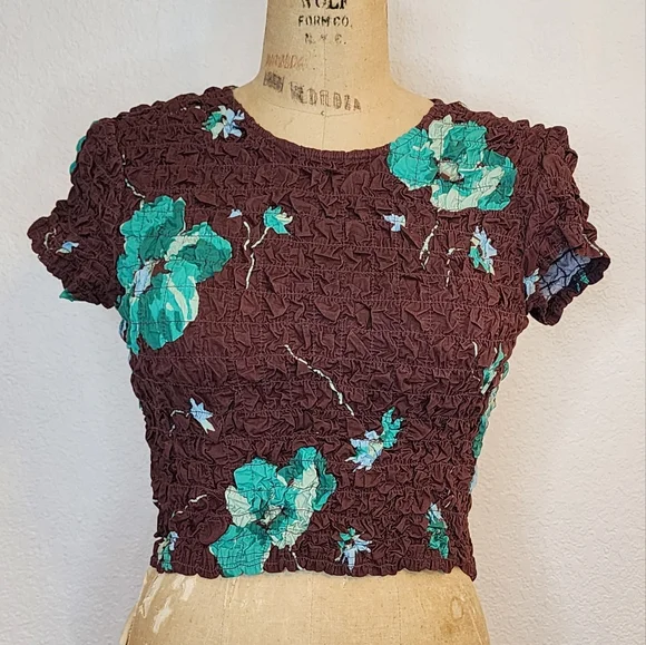 Free People Chocolate Smocked Floral Carino Top - Picture 7 of 11